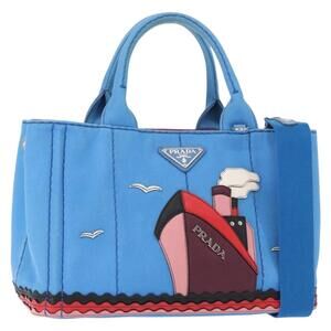 PRADA Canapa PM Hand Bag Canvas 2way Blue Silver Auth 152636